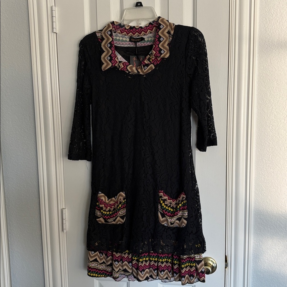 Reborn Black Lace Dress with Vibrant Patterns - Picture 1 of 3